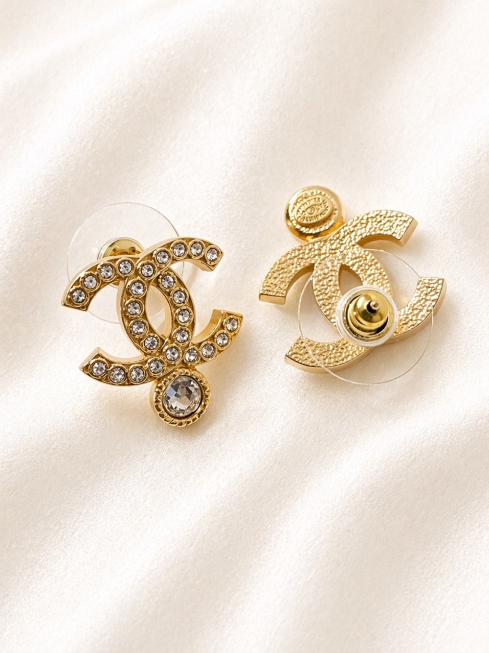 CHANEL Gold Crystal CC Logo Stud Earrings Rhinestone Dangle Classic - Picture 3 of 4